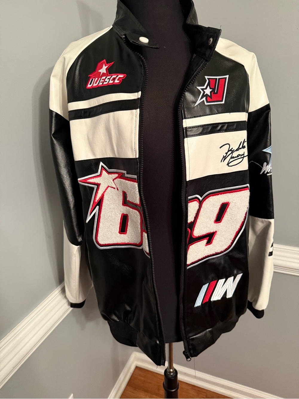 Fashion Nova Black & White Racing Patch Bomber Jacket